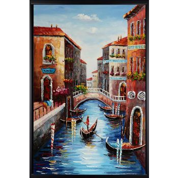Venice Gondola 1 - Landschaften Handgemaltes Ölgemälde mit schwarzem Rahmen