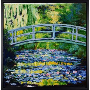 Bridge over flowered Waters - Landschaften Handgemaltes Ölgemälde mit schwarzem Rahmen