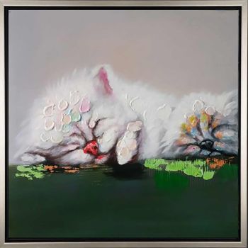 Dozing Kitty - Tiere Handgemaltes Ölgemälde mit silbernem Rahmen