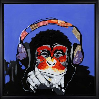 Monkey Music - Allgemein Handgemaltes Ölgemälde mit schwarzem Rahmen