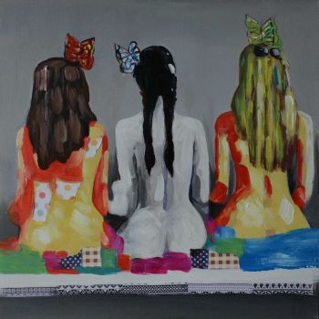 Three Girls in a Row - Portraits Handgemaltes Ölgemälde