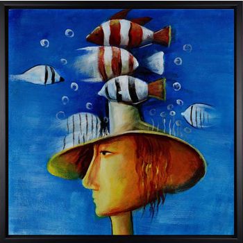 Fishes in my Head - Allgemein Handgemaltes Ölgemälde mit schwarzem Rahmen
