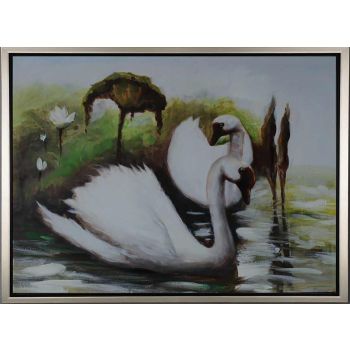 Swans in Lake - Tiere Handgemaltes Ölgemälde mit silbernem Rahmen