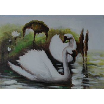 Swans in Lake - Tiere Handgemaltes Ölgemälde ohne Rahmen