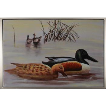 Ducks in Lake - Tiere Handgemaltes Ölgemälde mit silbernem Rahmen