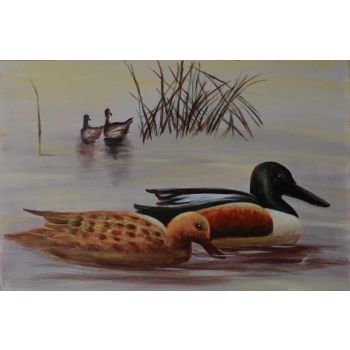 Ducks in Lake - Tiere Handgemaltes Ölgemälde ohne Rahmen