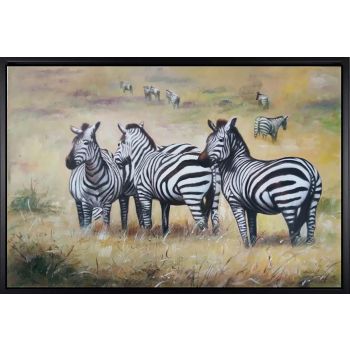 Zebras in Safari - Tiere Handgemaltes Ölgemälde mit schwarzem Rahmen