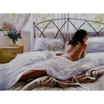 Lady in Bed - Portraits Handgemaltes Ölgemälde ohne Rahmen
