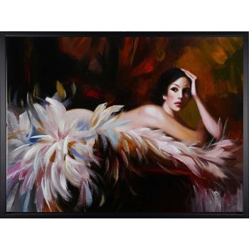 Lady in Feathers - Portraits Handgemaltes Ölgemälde mit schwarzem Rahmen