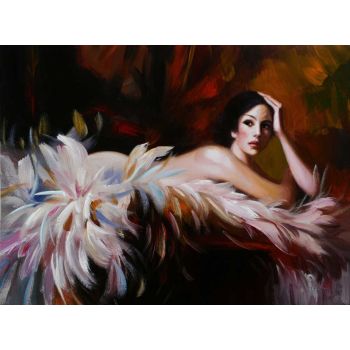 Lady in Feathers - Portraits Handgemaltes Ölgemälde ohne Rahmen